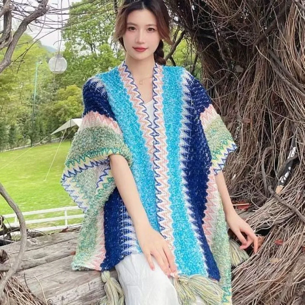 Soft Bohemian Mongolian Poncho Winter Warm Ethnic Style Cardigan Tassel Shawl Striped Polyester Knitted Cape Coat Overlays