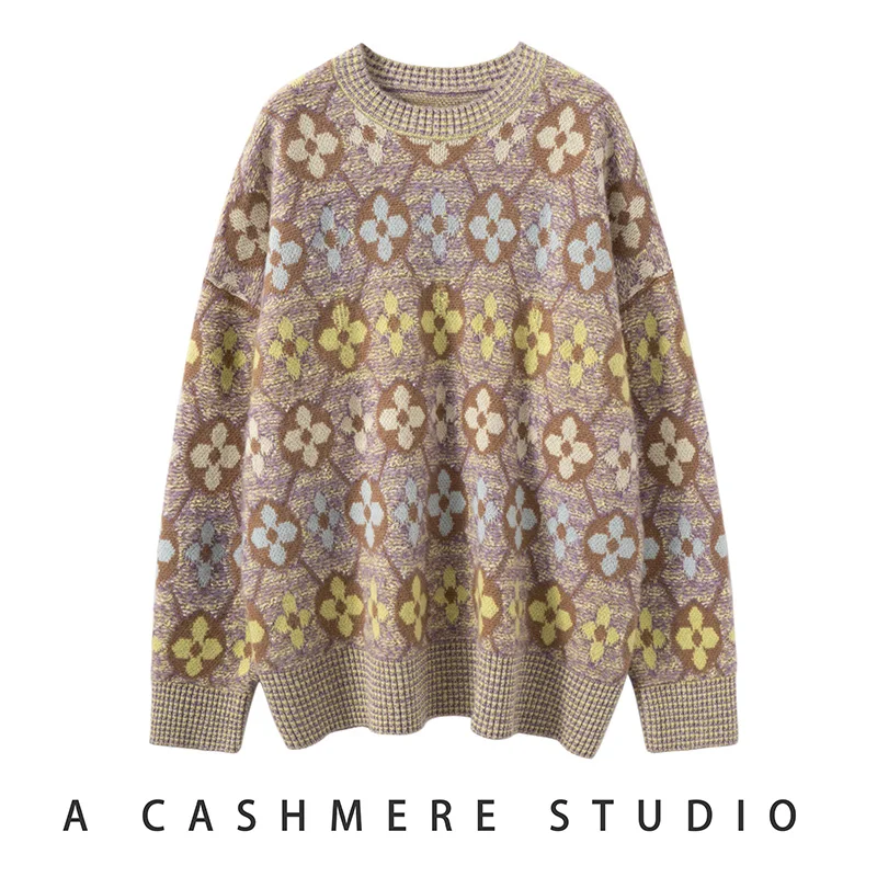 

- Women's 100% Cashmere Autumn Winter Soft Comfortable Crew Neck Pullover with Vintage Floral Patterns Casual Loose Sweater Top