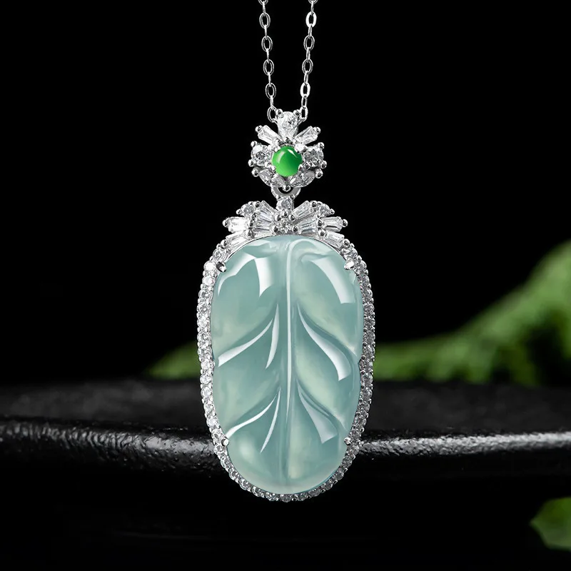 

Natural Jadeite Leaf Pendant Blue Water S925 Silver Icy Crystal Women Necklace Fashion Gift