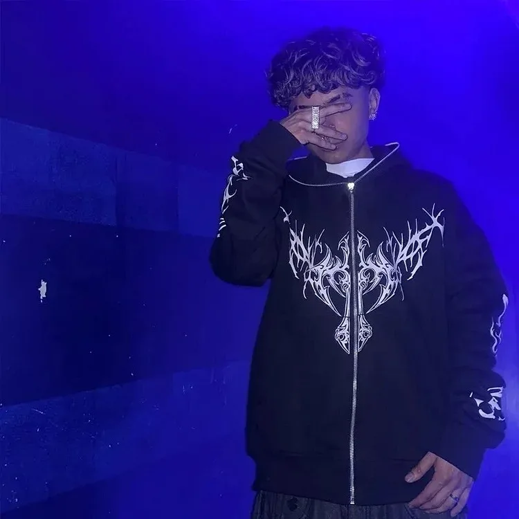 Bluza z kapturem Halloween Y2K Harajuku Street Retro Luźna Odzież Sportowa Gotycki Rozpinany Sweter Długi Rękaw Regularny Krój Damski P...