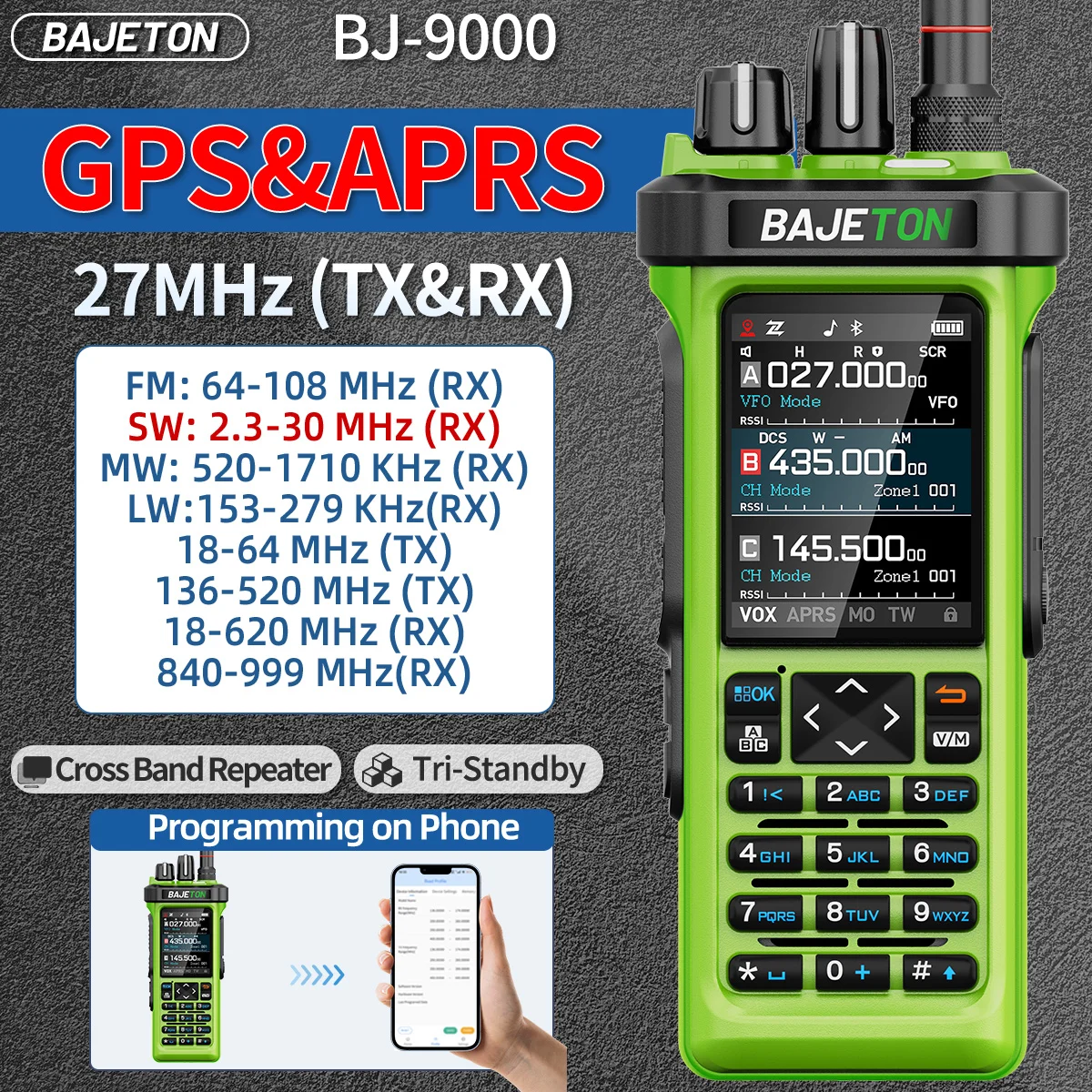 

BAJETON BJ-9000 Walkie Talkie 10W APRS GPS CB 27MHZ Wireless Bluetooth Programming Long Range For RT-950 RT-950 PRO Ham Radio