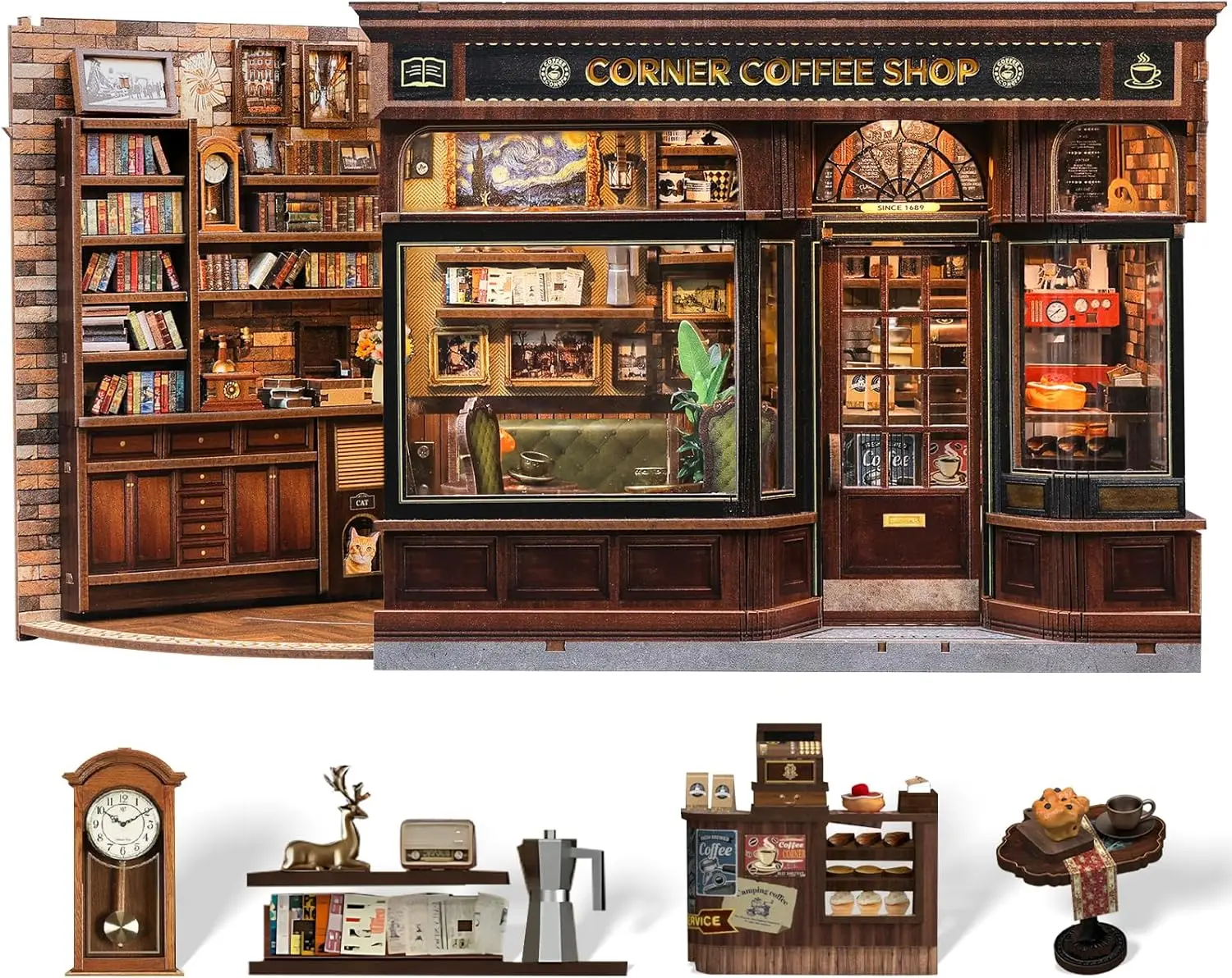 

DIY Miniature Coffee Shop Book Nook Kit - 3D Wooden Puzzle Dollhouse for Adults, Bookshelf Decor Gift