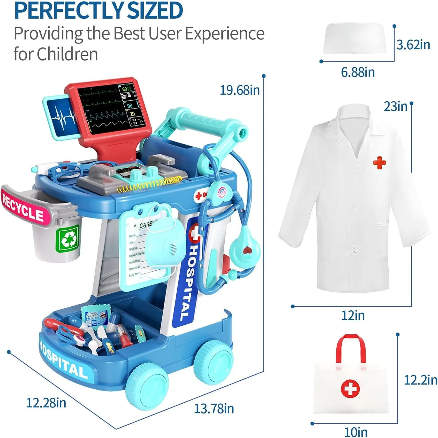 Doctor Cart Toy Pretend Play Medical Station Set with Mobile Cart Lights Stethoscope Doctor Role Play Toys for Kid Boys Girls 3+