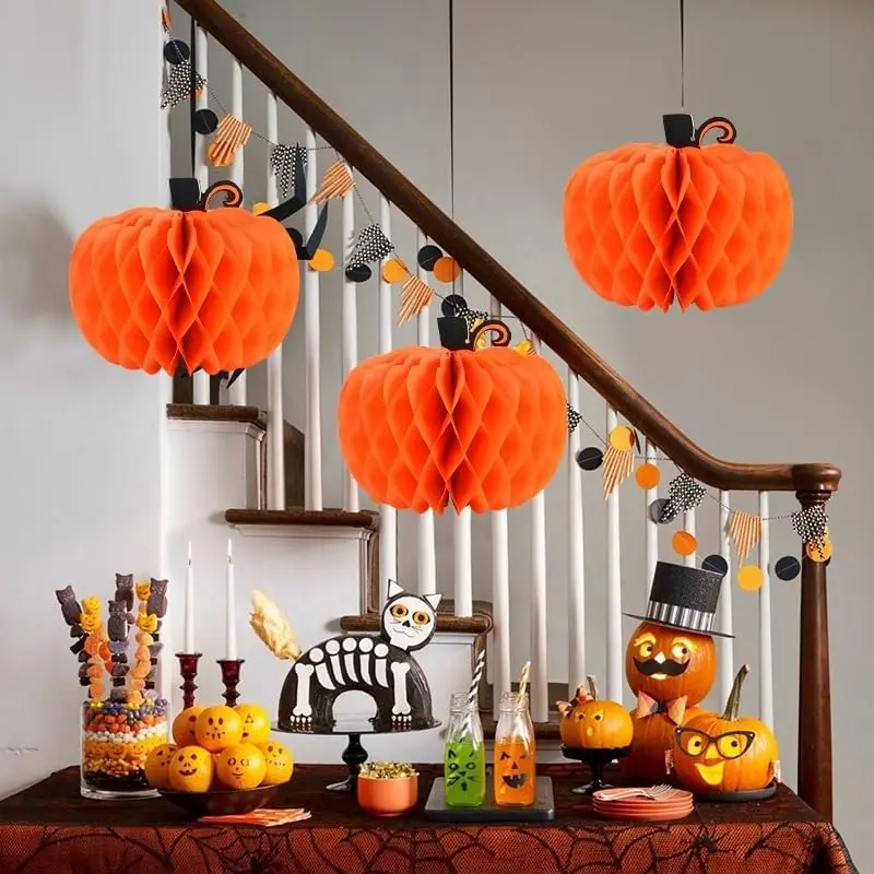1/3/5 centros de mesa de calabaza de panal de calabaza de papel, decoración colgante para Halloween/Ranksgiving, suministros para fiestas y festivales de otoño