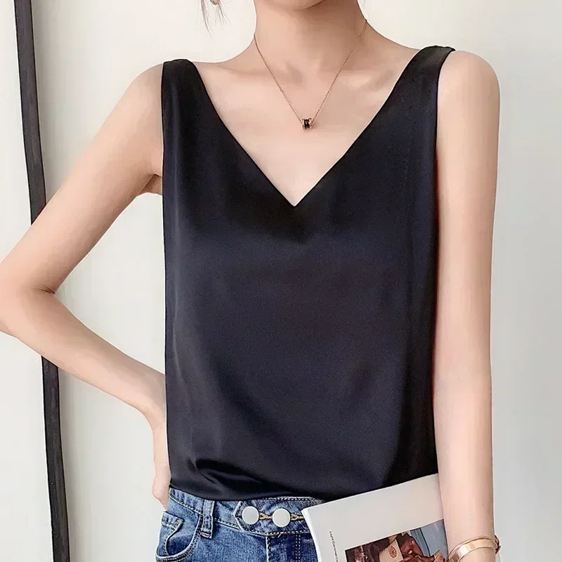 Strap Top Women Halter V Neck Basic White Cami Sleeveless Satin Silk Tank Tops Women\'S Summer Camisole