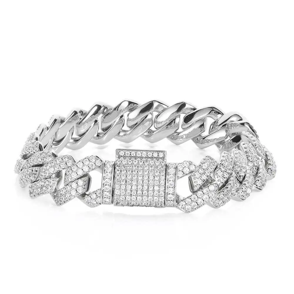 

Promotion 14MM Prong Cuban Link Bracelet Trend HipHop Men Women Iced Out 2 Row Rhinestone Paved Miami Rhombus Cuban CZ