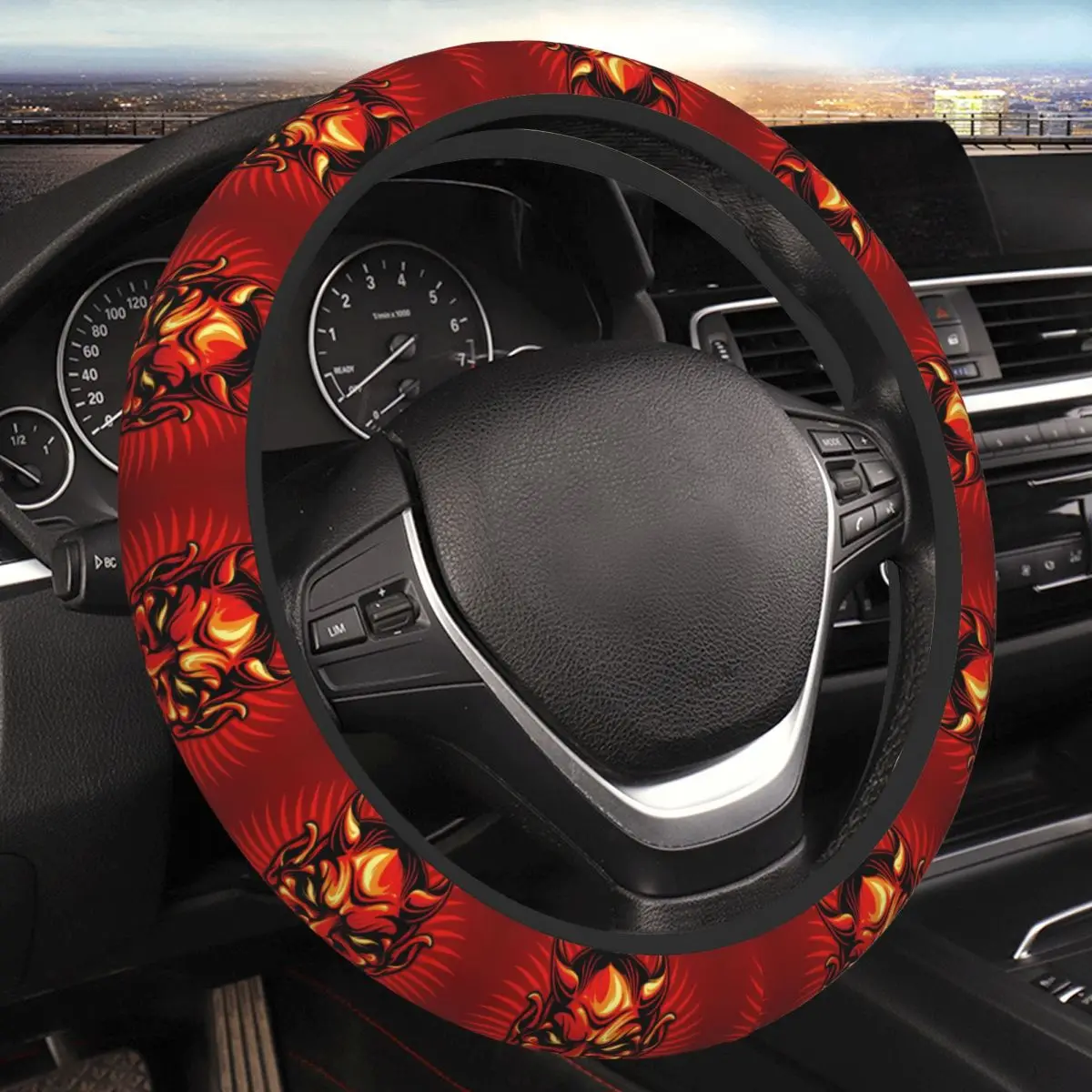 Samurai Head Tattoo Design Thickening Car Steering Wheel Cover 38cm Universal Suitable Elastic Steering Wheel Cover