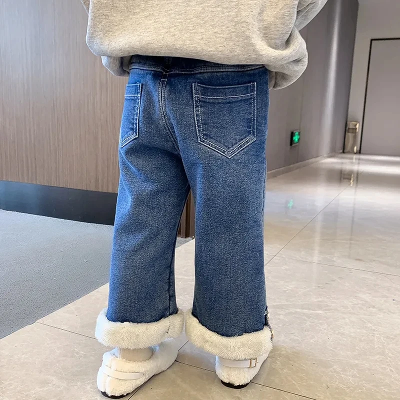 Grube dżinsy dziewczęce z podszewką z szerokimi nogawkami zimowe ciepłe elastyczny, wysoki w talii dla dzieci Vaqueros Pantalones nowe pluszowe