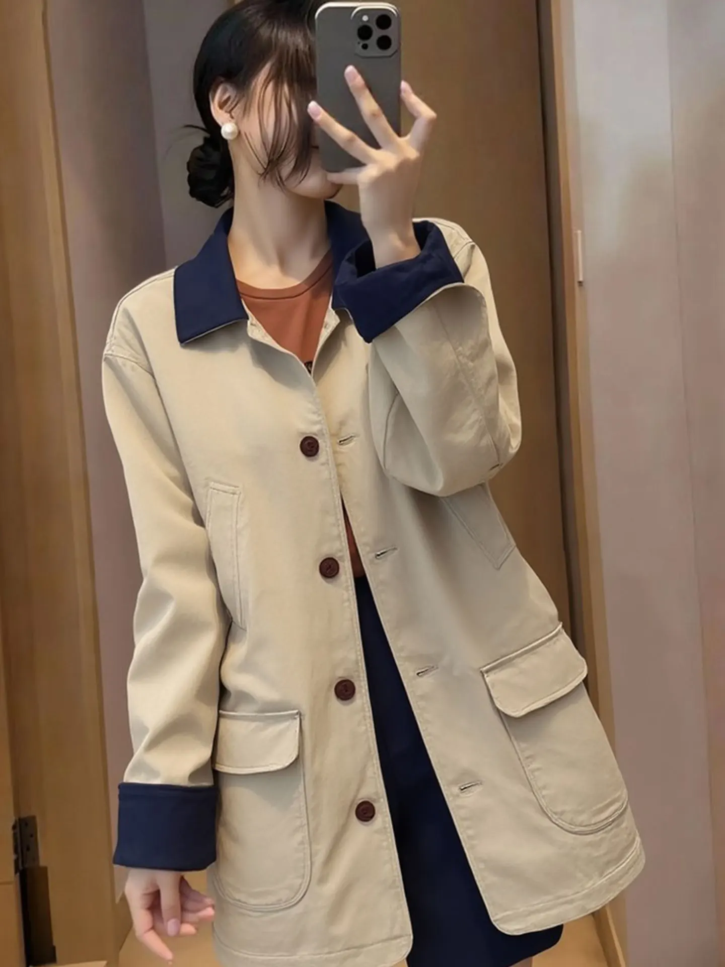 

High-End Korean Sle Long Sve Windbreaker Outerwear Casual Loose Women's irt Spring Commute Warmth Faionable