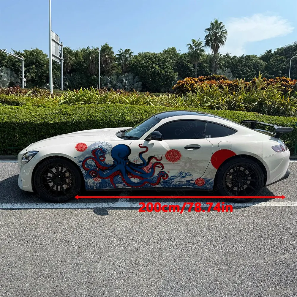 2pcs Japanese Ukiyo-e Sea Creature Car Side Wraps, Self-Adhesive PVC Waterproof & Scratch-Resistant Stickers, Car Accessory Gift