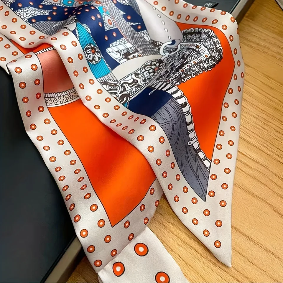보헤미안 시크 오렌지 플로럴 프린트 스키니 넥커치프 스카프 여성용 새틴 실크 리본 반다나 넥타이 손목 랩 숄 에샤르프