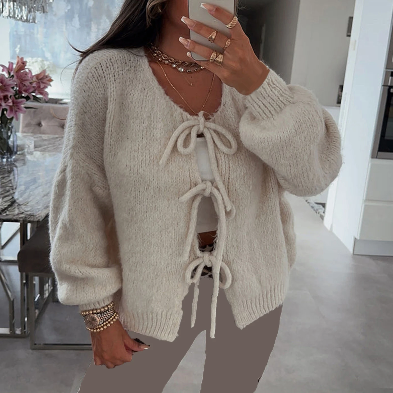 Women\'s Y2K Aesthetic Fall Tie Front Sweater Solid Color V-Neck Long Sleeve Loose Knitwear Cardigan