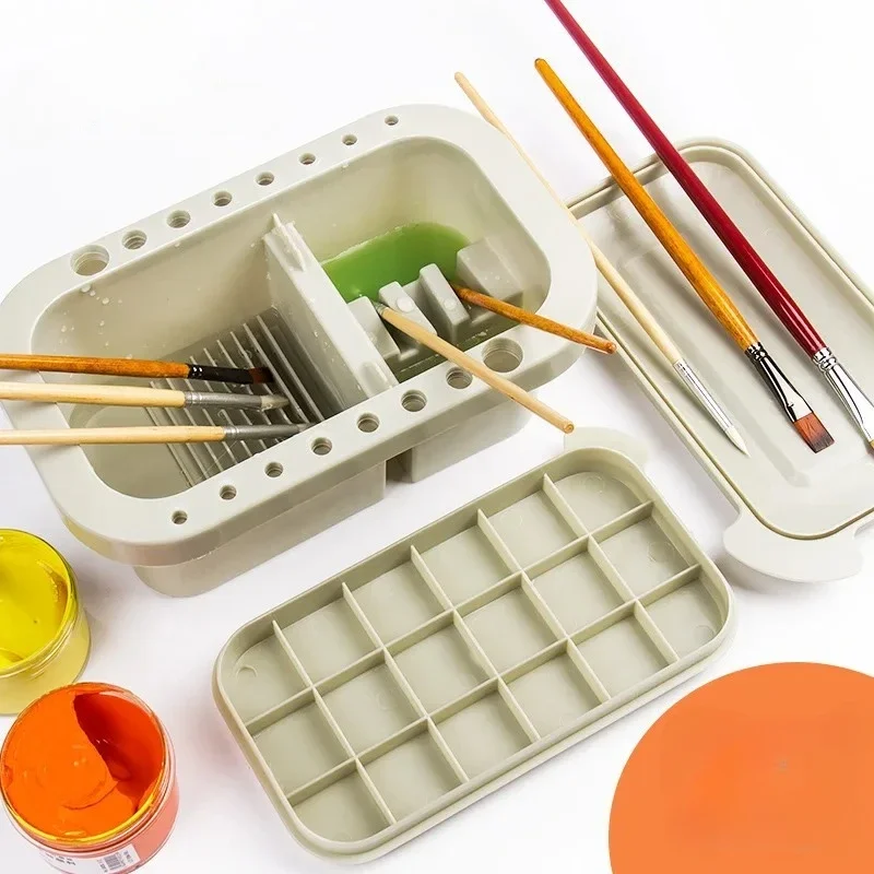 

Multifunction Paint Brush Basin with Palette Color Box Brush Holder Trapezoidal Design Easy Clean Used Watercolor Oil painting
