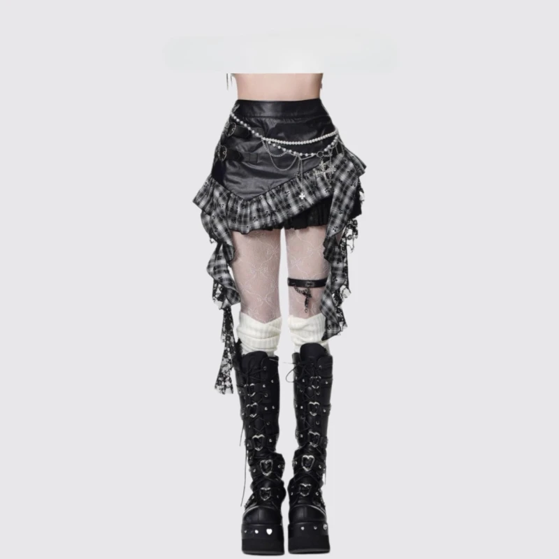 Japanese Subculture Punk Dark Off-Shoulder Short Sleeve Women's T-Shirt Autumn New Plaid Splicing Irregular Skirt Set Ladies