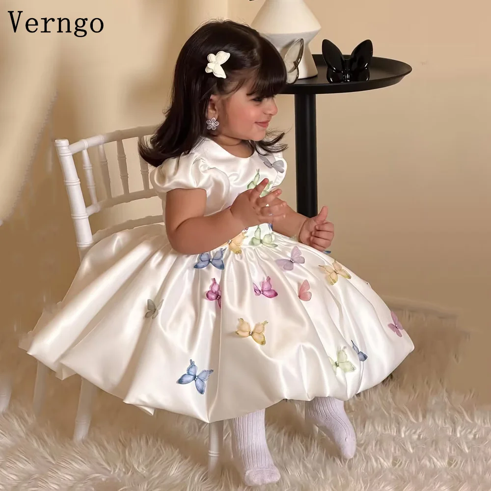 

Verngo lvory Satin Girl Flower Dress O Neck 3D Butterflies Ball Princess Birthday Party Dress Celebrity Kid Dress Eid Customized