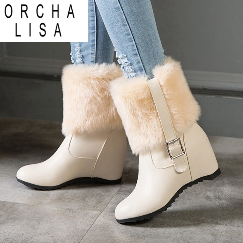 

ORCHA LISA Меховые сапоги до середины икры Водонепроницаемые ботинки на скрытой танкетке 7 см 2025 7 см Маленькие большие размеры 33-43 S2419