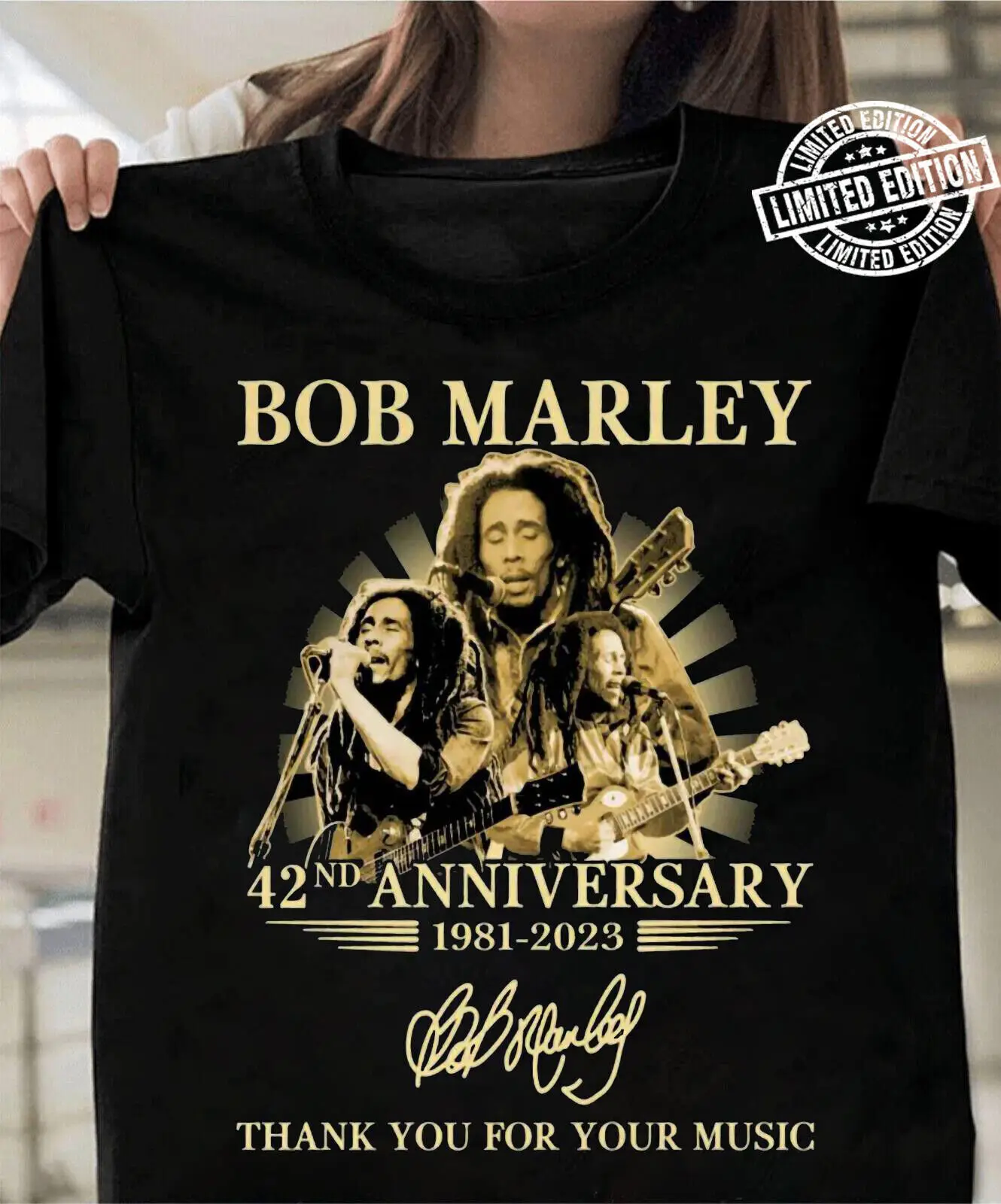 Camiseta Vintage de Bob Marley, camisa de manga larga o corta con estampado de Thank You For Your Music S 5XL, 42 ° Aniversario