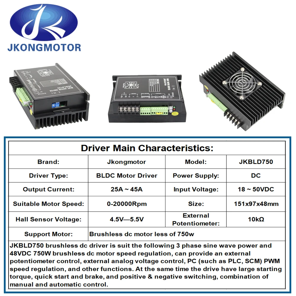 Jkongmotor BLD750 Hall Sensor 750w 18-52V JKBLD750 3 phase 48v Bldc Motor Driver Brushless DC Controller