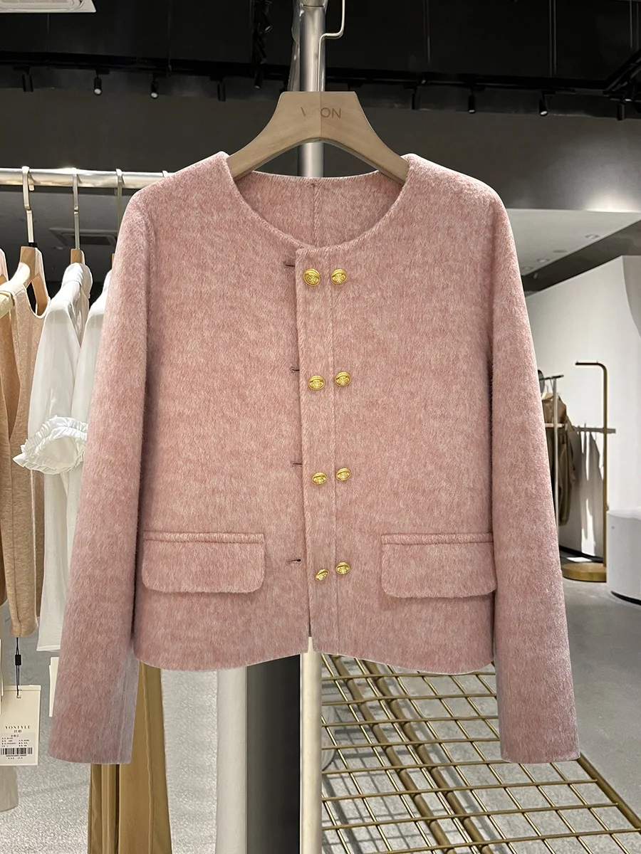 

Pink Double-Faced Woolen ort Coat Women's Faion Korean Sle Autumn Winter New Arrival Ele Age-Defng Button-Up Coat