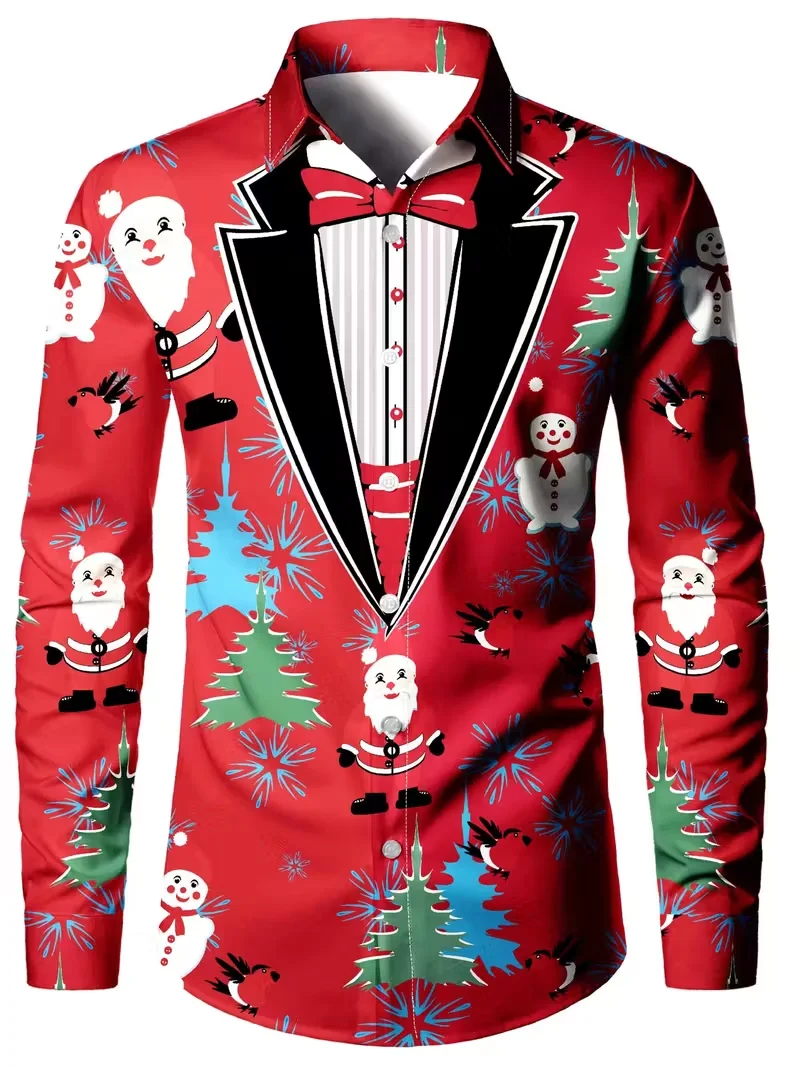 Camicia natalizia da uomo con stampa albero di Natale a maniche lunghe, verde vacanza e decorazioni, colletto abbottonato, camicia natalizia casual e formale regolare