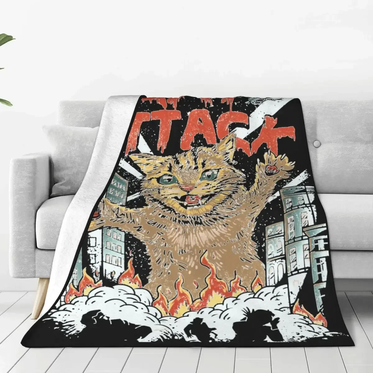 Cat Attack Blanket Japanese Japan Retro Catzilla Monster Kaiju Fleece Vintage Warm Throw Blanket for Home Summer