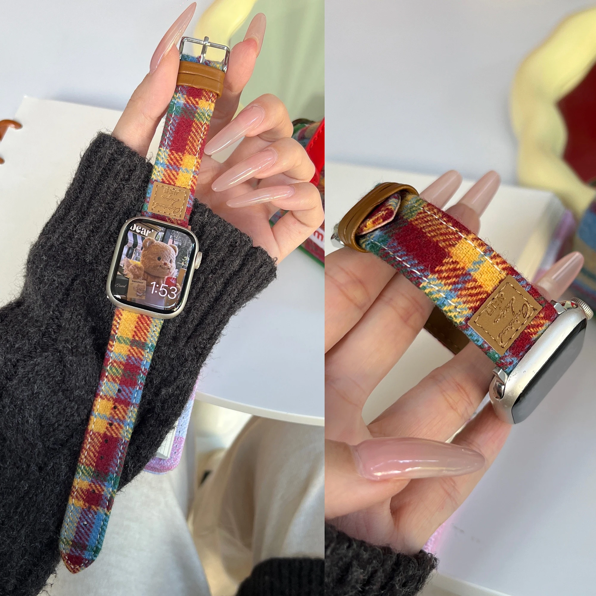 

Woolen Rainbow Grid Leather Strap For Apple Watch Band 38mm 40mm 41mm 42mm 44mm 45mm 46mm 49mm For iWatch 9/8/7/6/5/4 Ultra 2