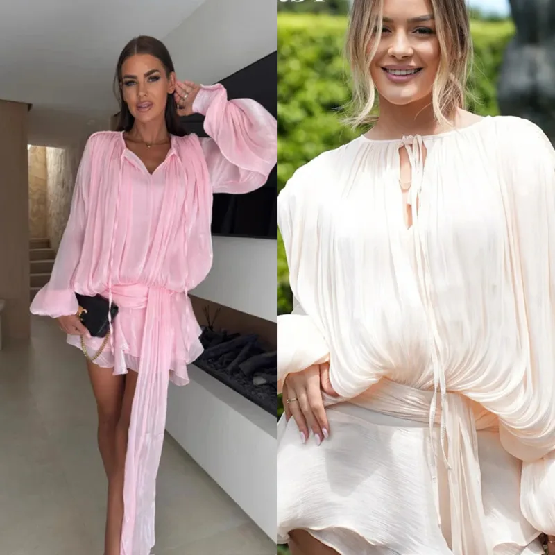 

Women’s Elegant Ruffle Mini Dress 2025 Solid Color Lace Up Lantern Sleeve Round Neck Pleated Design For Party And Vacation Chic