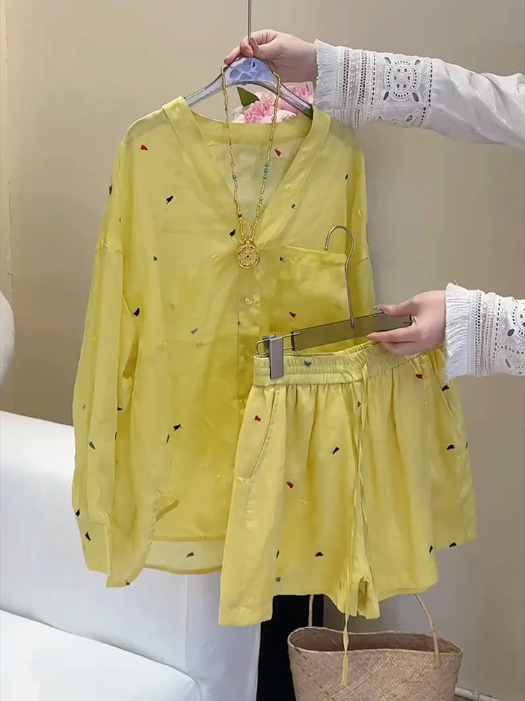 

Льняная рубашка в корейском стиле, топ для женщин летом, рубашка и шорты в винтажном стиле 2025 года, комплект из двух предметов