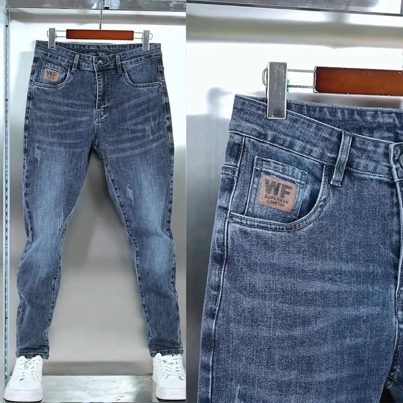 

Мужские джинсы премиум-класса прямого кроя, средняя посадка, смесь хлопка, модные, городские, износостойкие, водонепроницаемые, повседневные брюки