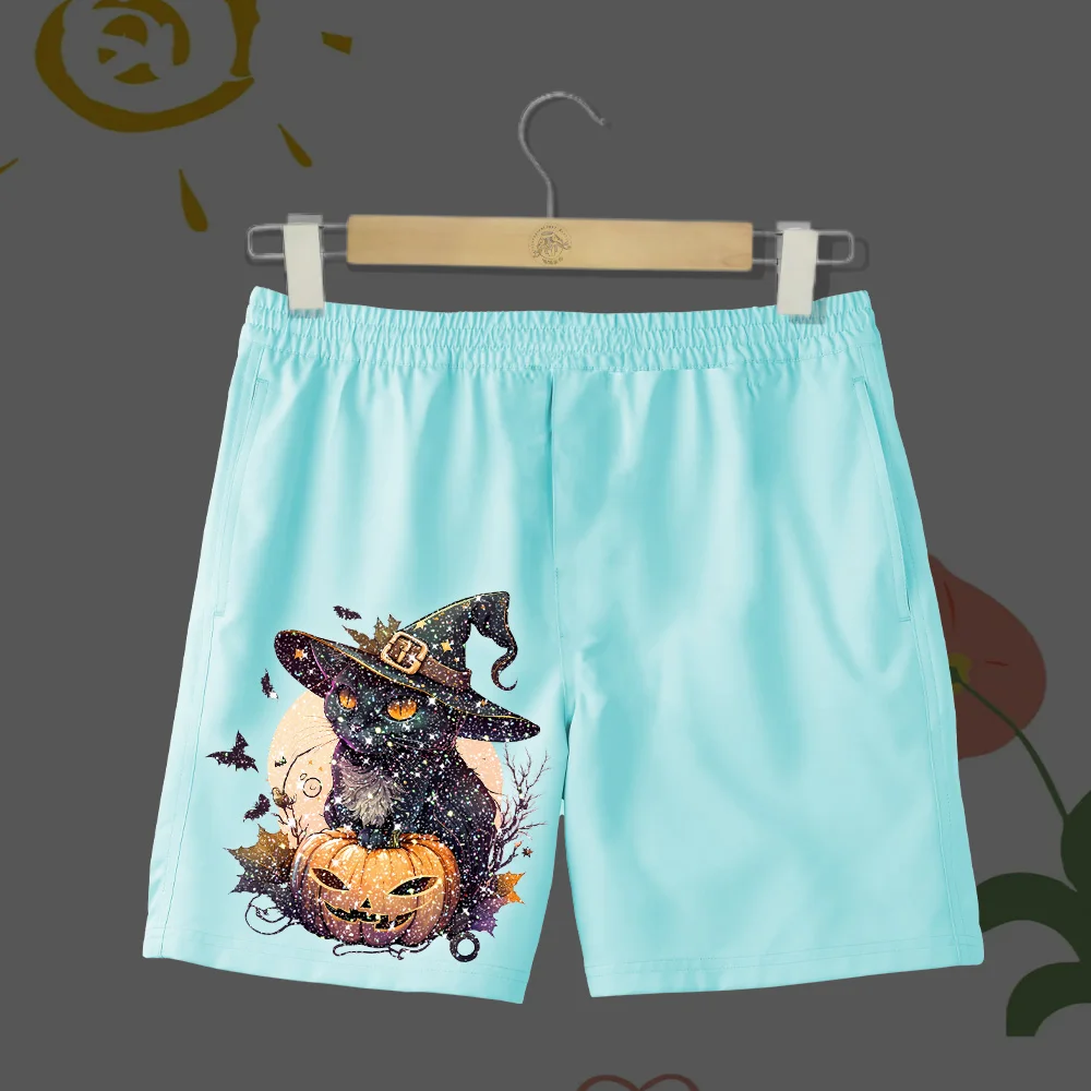 

Children summer quick dry beach shorts men and women wearing hats Black cat dazzle print casual beach shorts loose and versatile