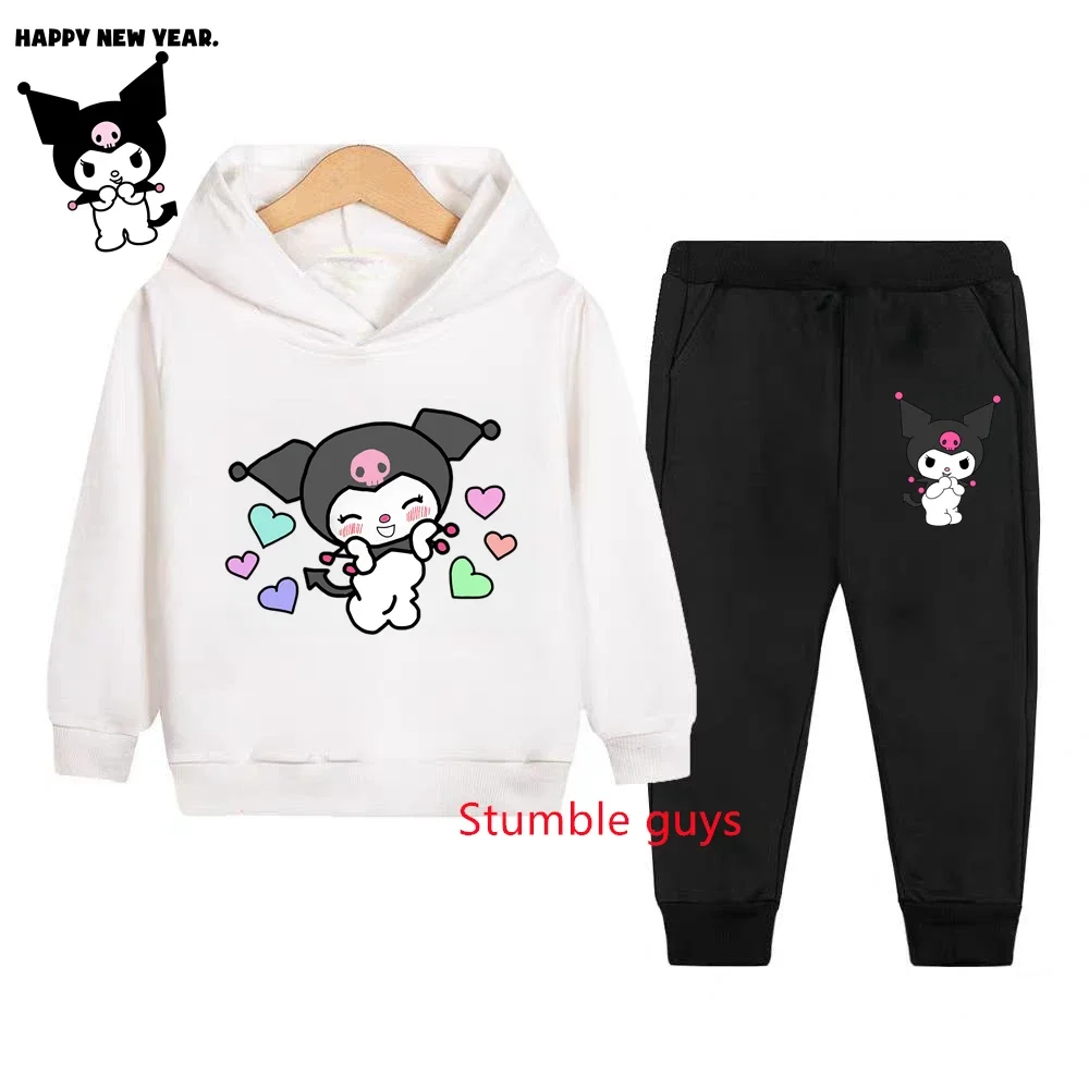 أطفال Kuromi الكرتون 2 قطعة مجموعة الخريف الدافئة أنيمي هوديي والسراويل البلوز أزياء ملابس الأطفال #1