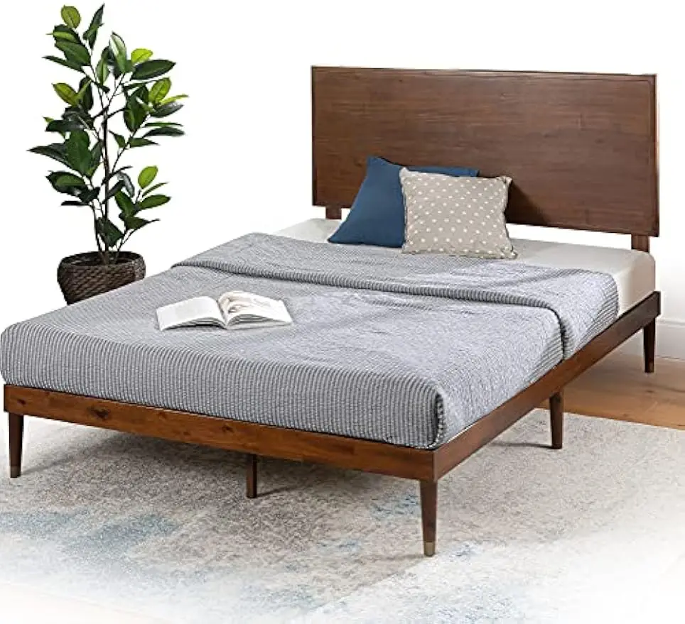 Raymond Wood Platform Bed Frame with Adjustable Wood Headboard Solid Wood Foundation Slat Support No Box Spring Needed