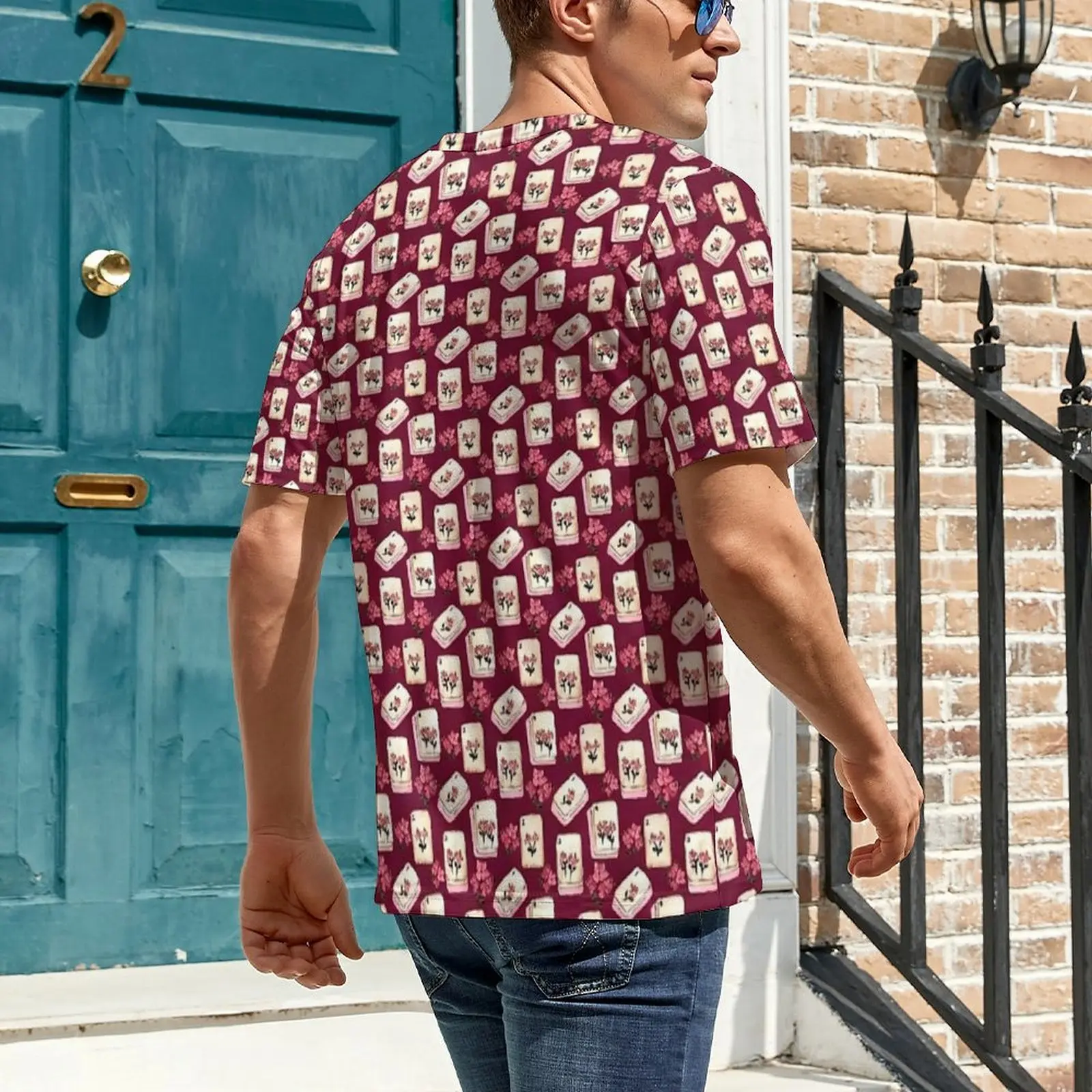 Antique Pink Mahjong Tiles with Flowers T-Shirt Men O Neck T-Shirts Summer Tops Short Sleeves Street Style Big Size Tee Shirt