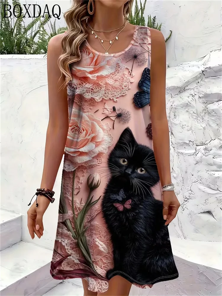 Women's round neck sleeveless loose and comfortable pullover dress with kitten pattern print, fashionable and casual mini dress