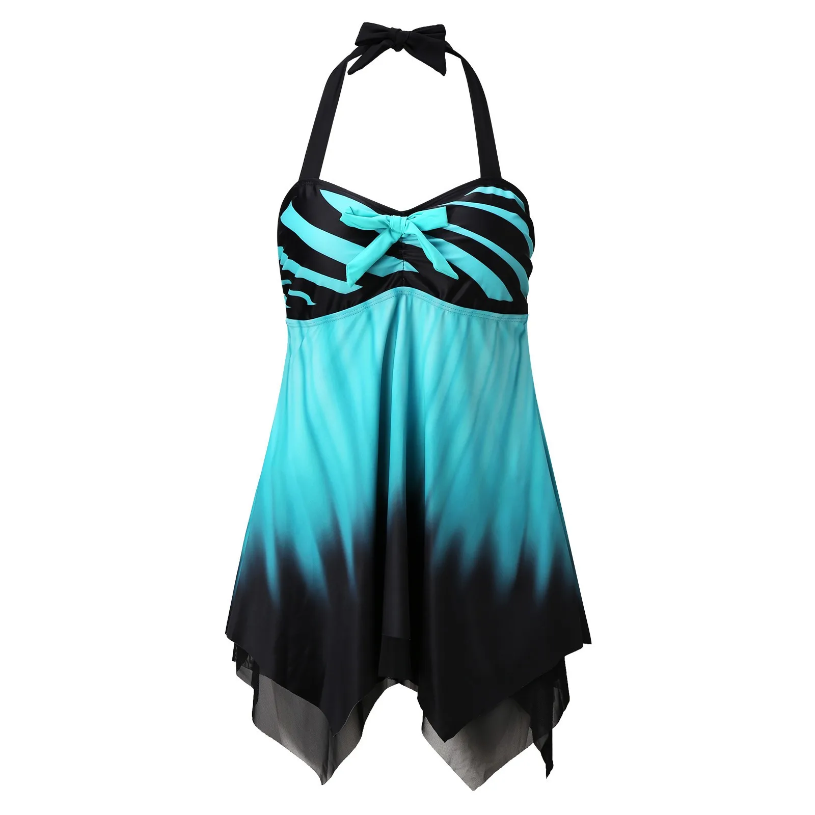 Woman Tankini Bathing Suit Woman Halter Neck Turquoise Black Bow Detail Mesh Overlay Asymmetrical Skirt Two Piece Swimsuit