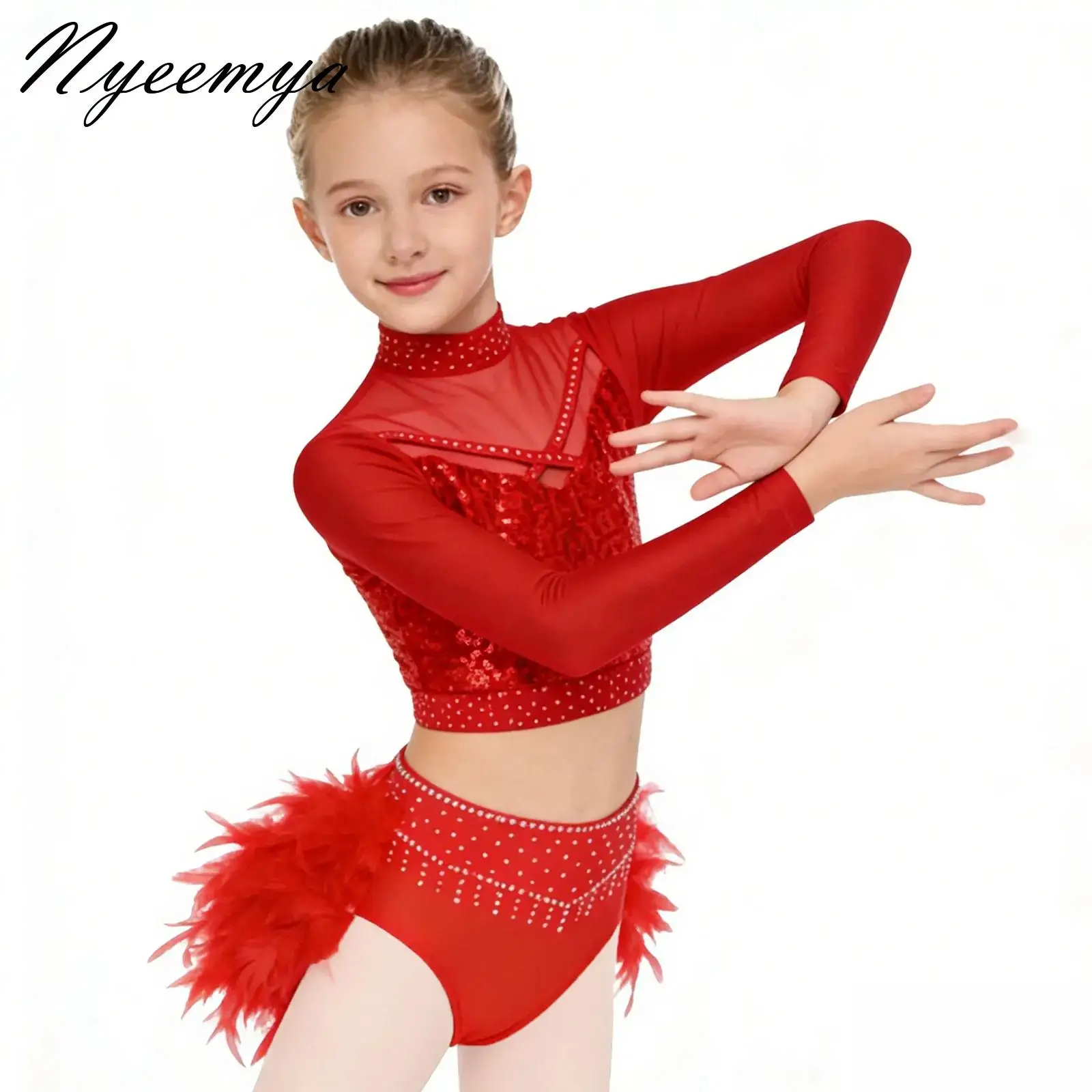

Kids Girls Ballet Dance Set Hip Hop Jazz Dance Performance Costume Long Sleeve Sequin Crop Top with Feather Bottoms Dancewear