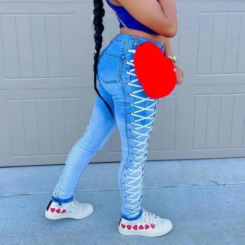 Bandage Jeans High Waist Clothes Pencil Denim Clothing Blue Streetwear Vintage 2024 Fashion Harajuku Skinny Lace-up Pants Pants