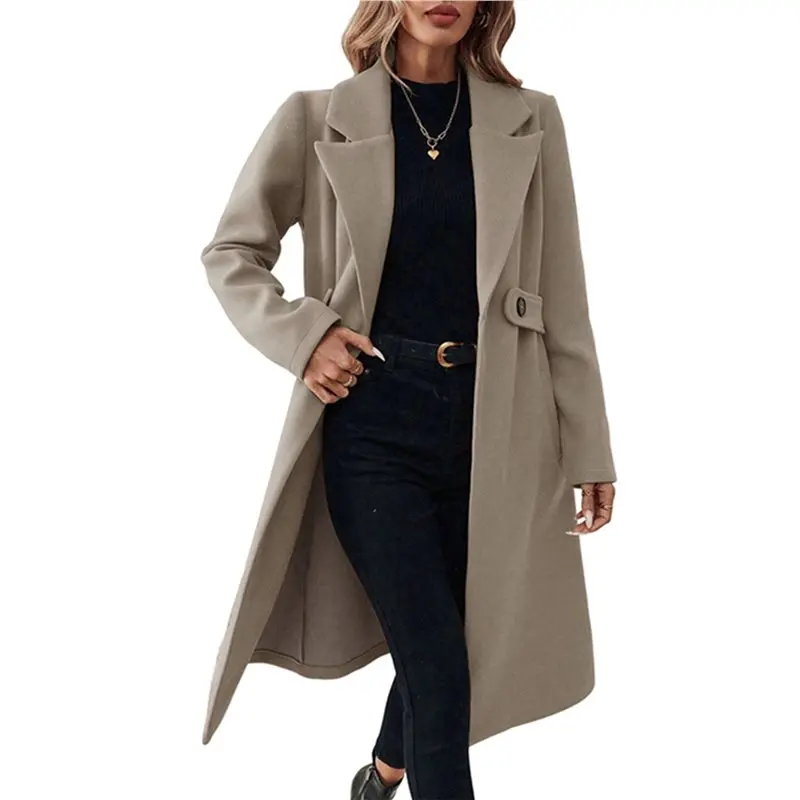 

CYL-Women's Winter Wool Blend Coat Lapel Mid Long Single Breasted Pea Coat Jacket Outwear