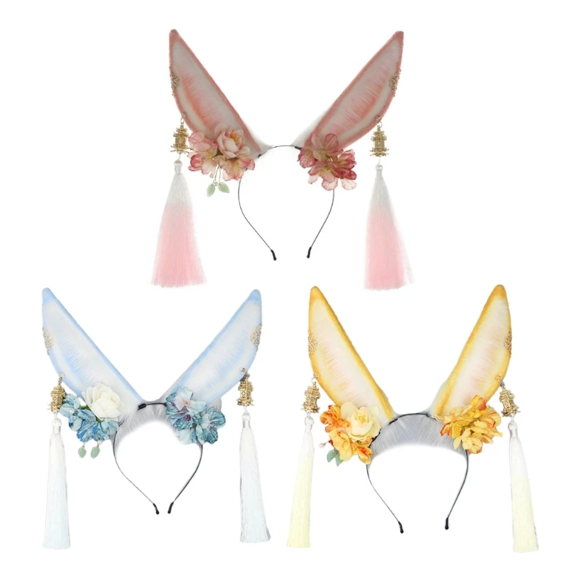 Easter Rabbit Ears Cosplay Hair Hoop with Flower Woman Teens Headband for Live Broadcast Cartoon Carnivals Hairband