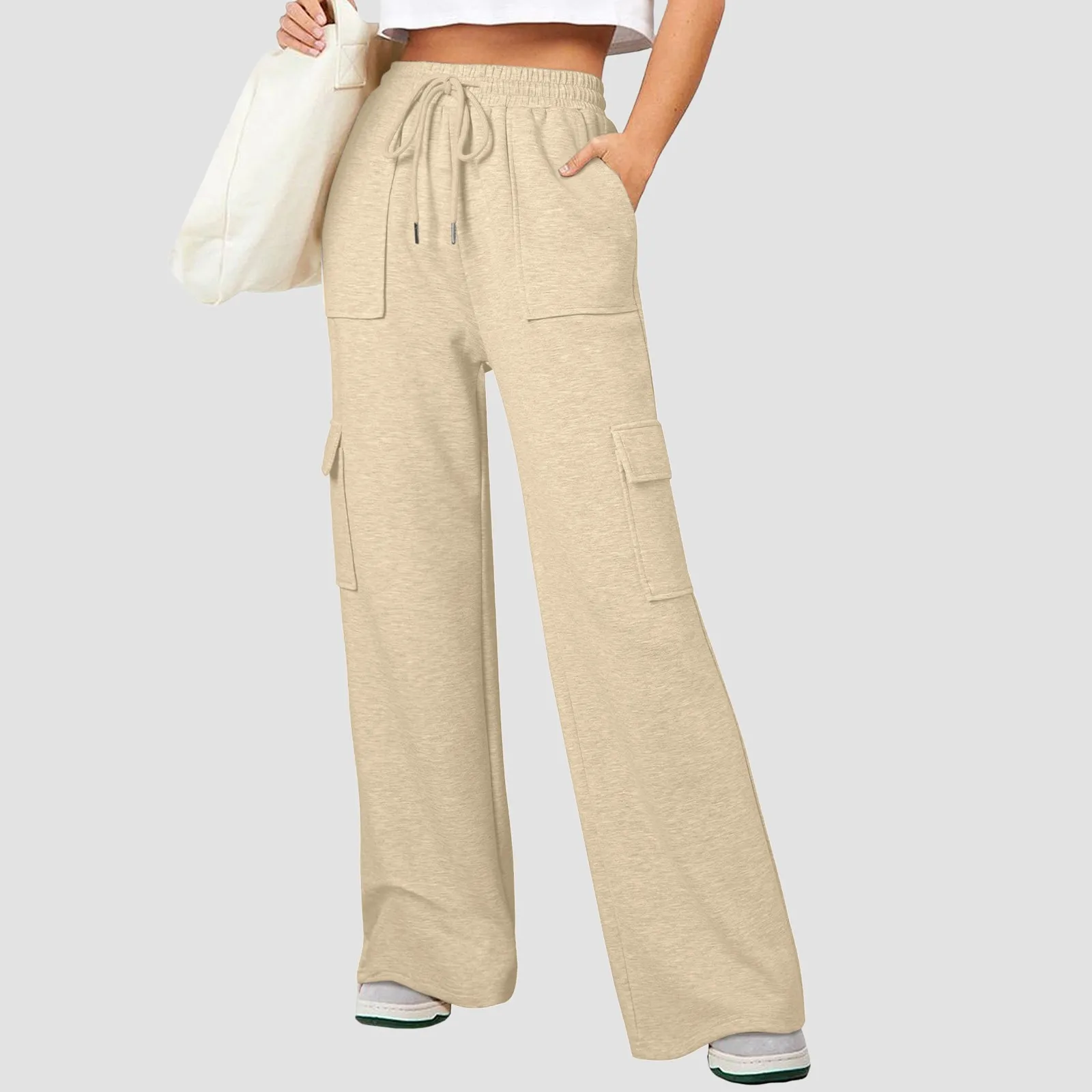 Casual Cargo Pants Women’S Fleece Lined Sweatpants Straight Style Wide Leg Botttom High Waisted Drawstring Pantalones For Women