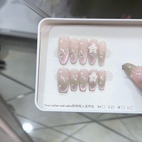 10pcs Handmade Press on Nails with Sticky Tabs Pink 3d Flower Beautiful Nail Tips Cat Eye Holiday False Nails Paste Nails 2025