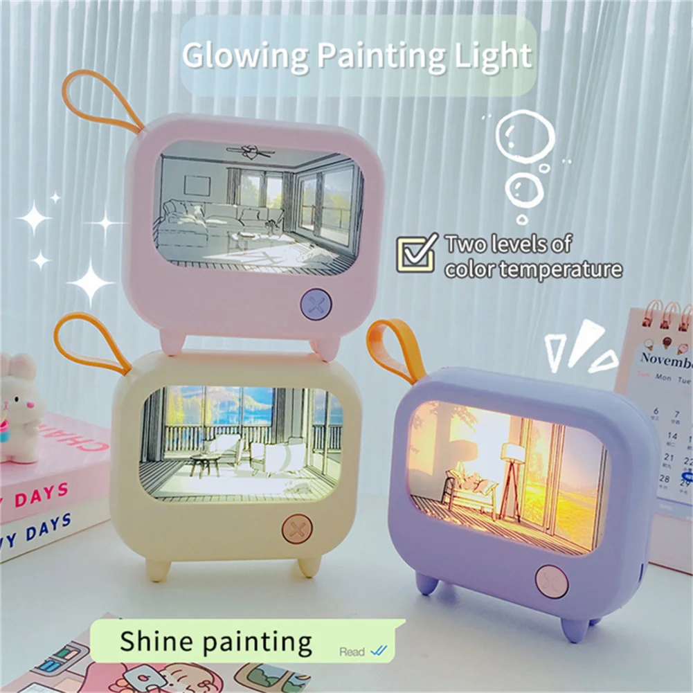 Cute TV Painting LED Night Light 2-Level Lighting Learning Table Lamp USB Charging Mini Desktop Light Birthday Gift