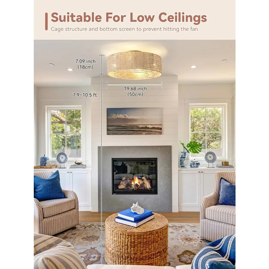 مراوح سقف منخفضة المستوى مع أضواء 20 مروحة سقف بوهو راتان مع حامل خفيف وأسطوانة تحكم عن بعد محبوسة بـ 6 سرعات