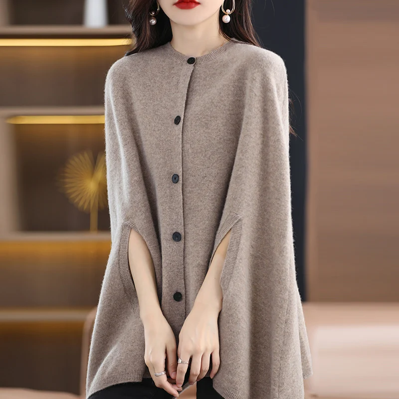 

Autum Winter 100% Cashmere Round Neck Sleeveless Knit Top Cape Cardigan Coat Loose And Lazy