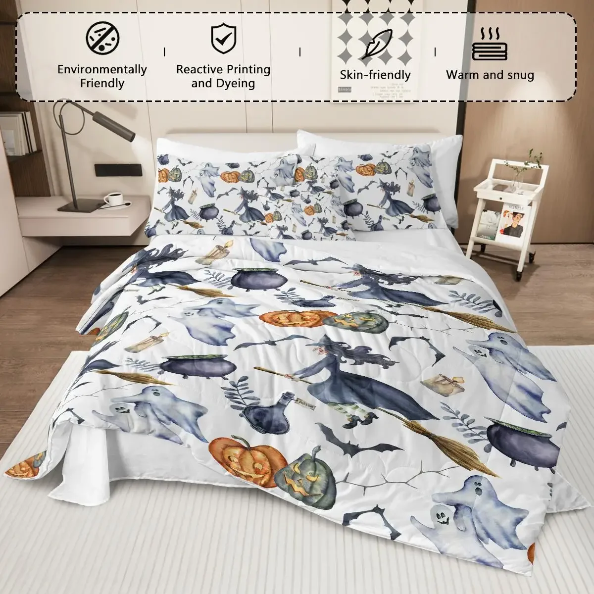 3PCS Halloween Witch Pattern Bed in a Bag Set - Twin Comforter, Sheets, Shams & Cushion Cover for Spooky Decor