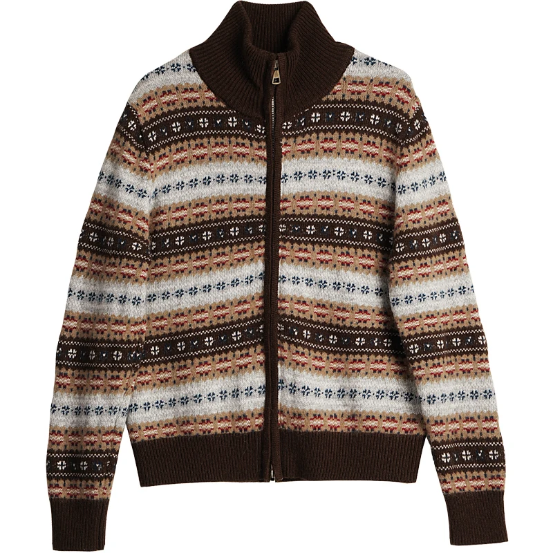 เสื้อคาร์ดิแกนถักลายแจ็คการ์ด OLrain สำหรับผู้หญิง สไตล์วินเทจ ลายทาง ซิปหน้า เสื้อกันหนาว ฤดูหนาว 2025 คอตั้ง ถักนิตติ้ง เสื้อจั๊มเปอร์ผู้หญิง รุ่น WO57DM003639