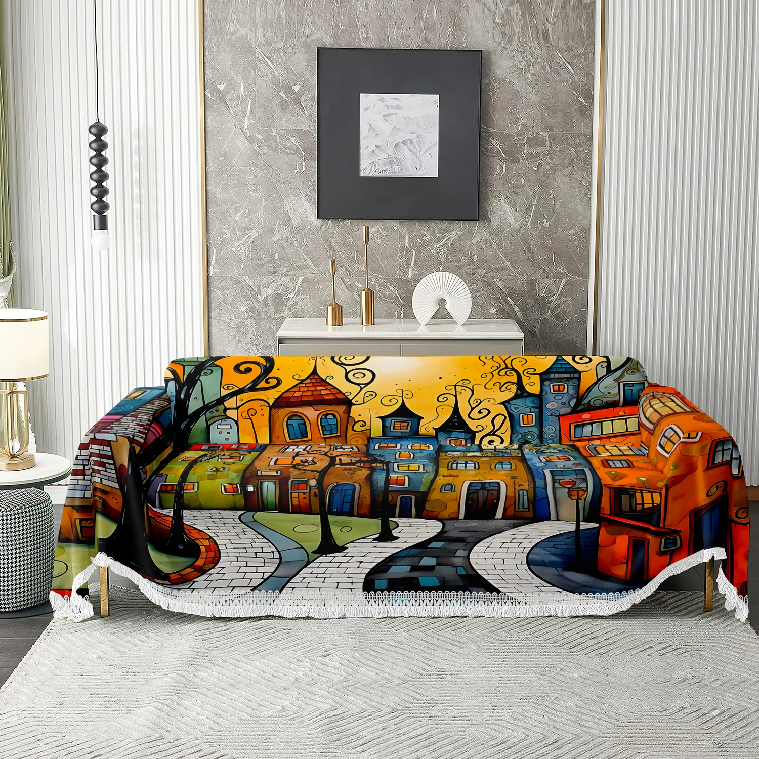 1pc Artistic Cartoon Town Print Sofa Blanket, Vibrant Boho Couch Throw for Home Decor, Soft Modern Washable Cover