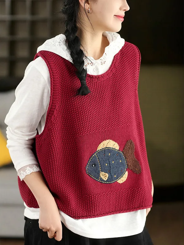 

Retro Patchwork Knitted Vest Women's Spring Autumn Loose Slim round Ne Svel Overalls Inner Wear Tank Top