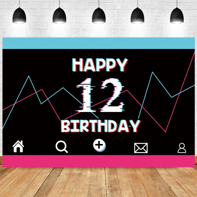 12th Birthday Backdrop Bat Mitzvah 12 Decorations Girl Boy Twelve Years Old Pink and Blue Music Photo Background for Photography