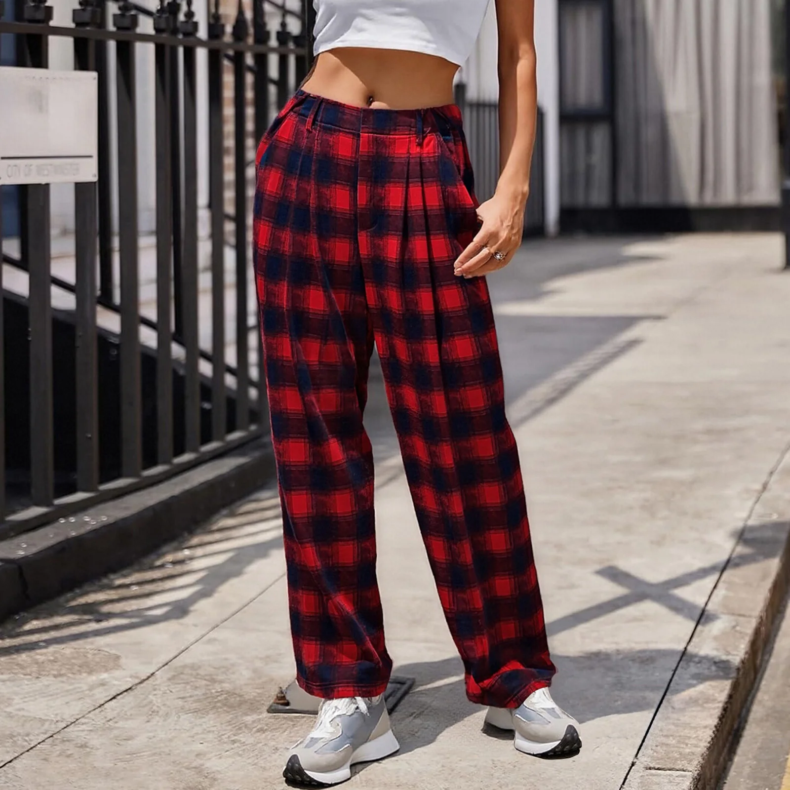 سراويل نسائية كاجوال واسعة الساق بخصر عالٍ منقوشة ومطبوعة بطيات أمامية سراويل فضفاضة